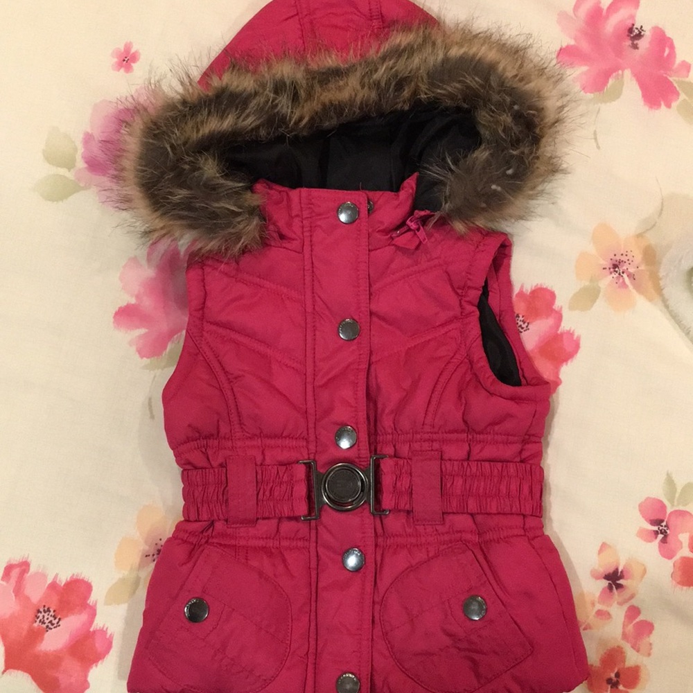 Adorable Fusia Pink Puffer Vest w Faux Fur Hood